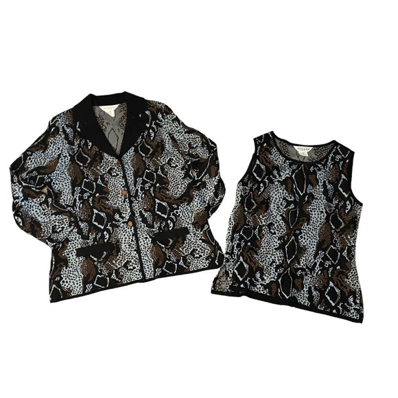 Misook Blue Black Jacket Tank Set Size Medium Knit reptile animal print blazer - Picture 1 of 16